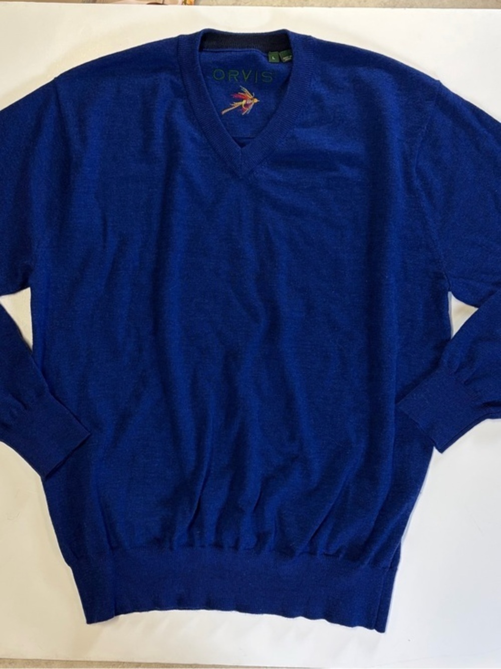 Orvis 100% Merino Wool Sweater Mens Large Cobalt Blue V Neck Pullover